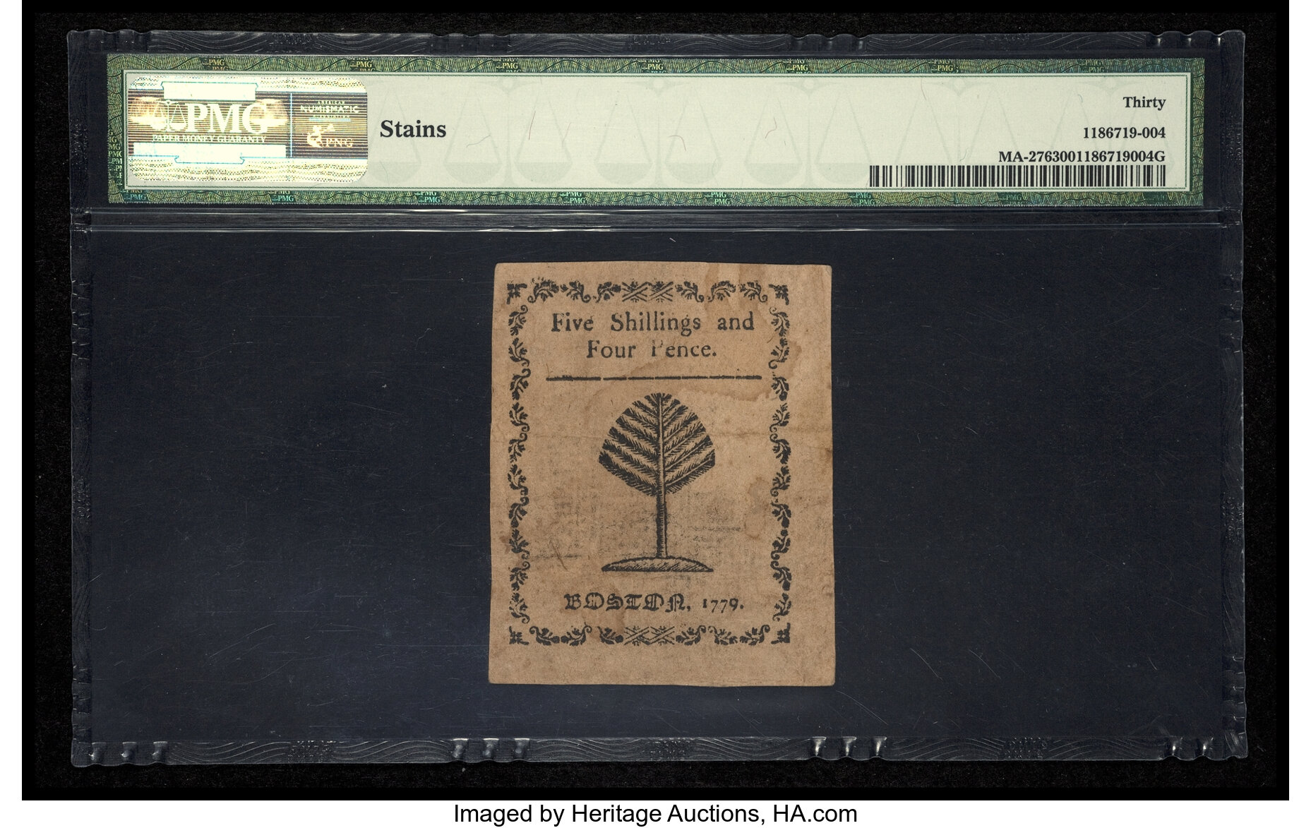 image for: Massachusetts 1779 5s 4d PMG Very Fine 30....