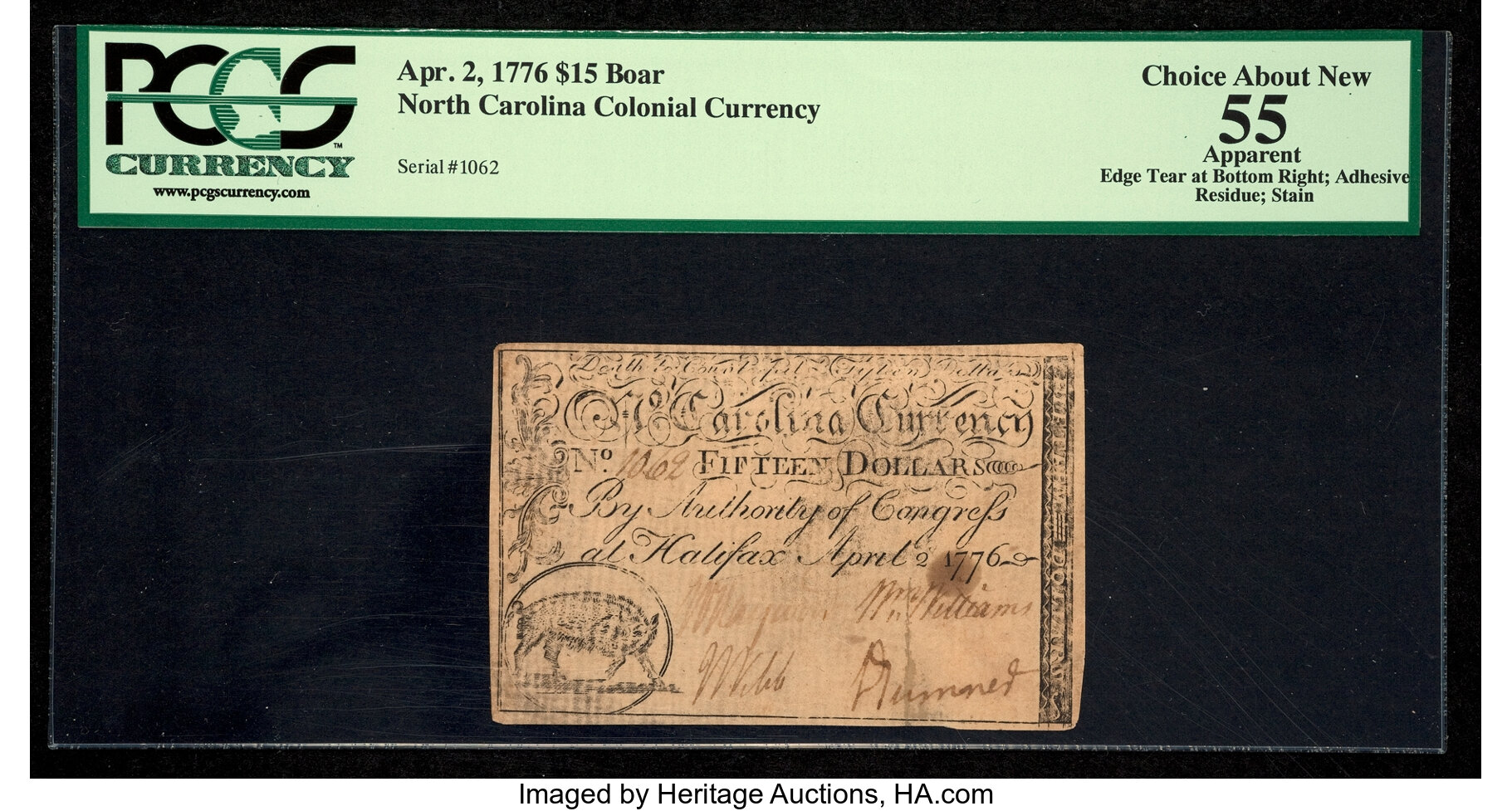 image for: North Carolina April 2, 1776 $15 Boar PCGS Apparent Choice About New 55....