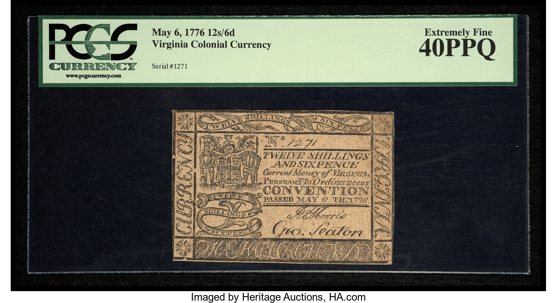 image for: Virginia May 6, 1776 12s 6d PCGS Extremely Fine 40PPQ....
