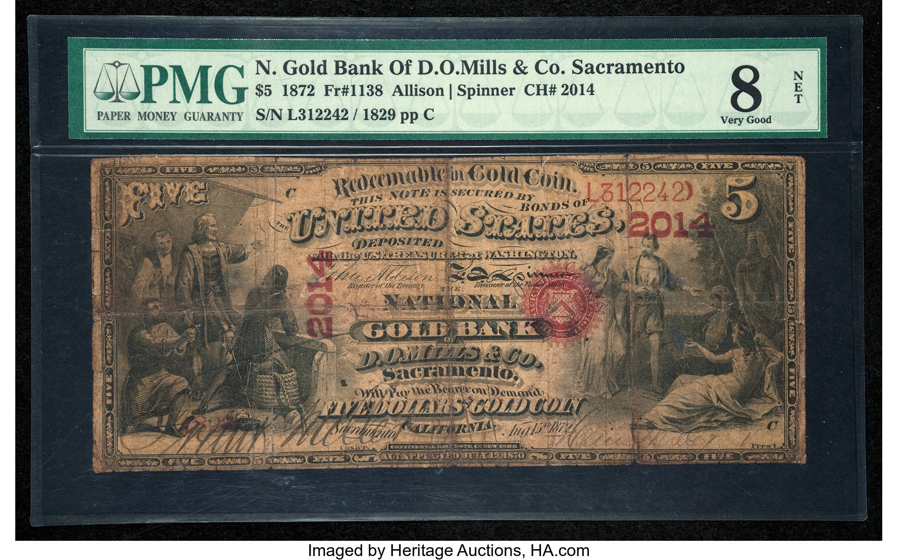 image for: Sacramento, CA - $5 1872 Fr. 1138 The National Gold Bank of D O Mills & Co. Ch. # 2014...