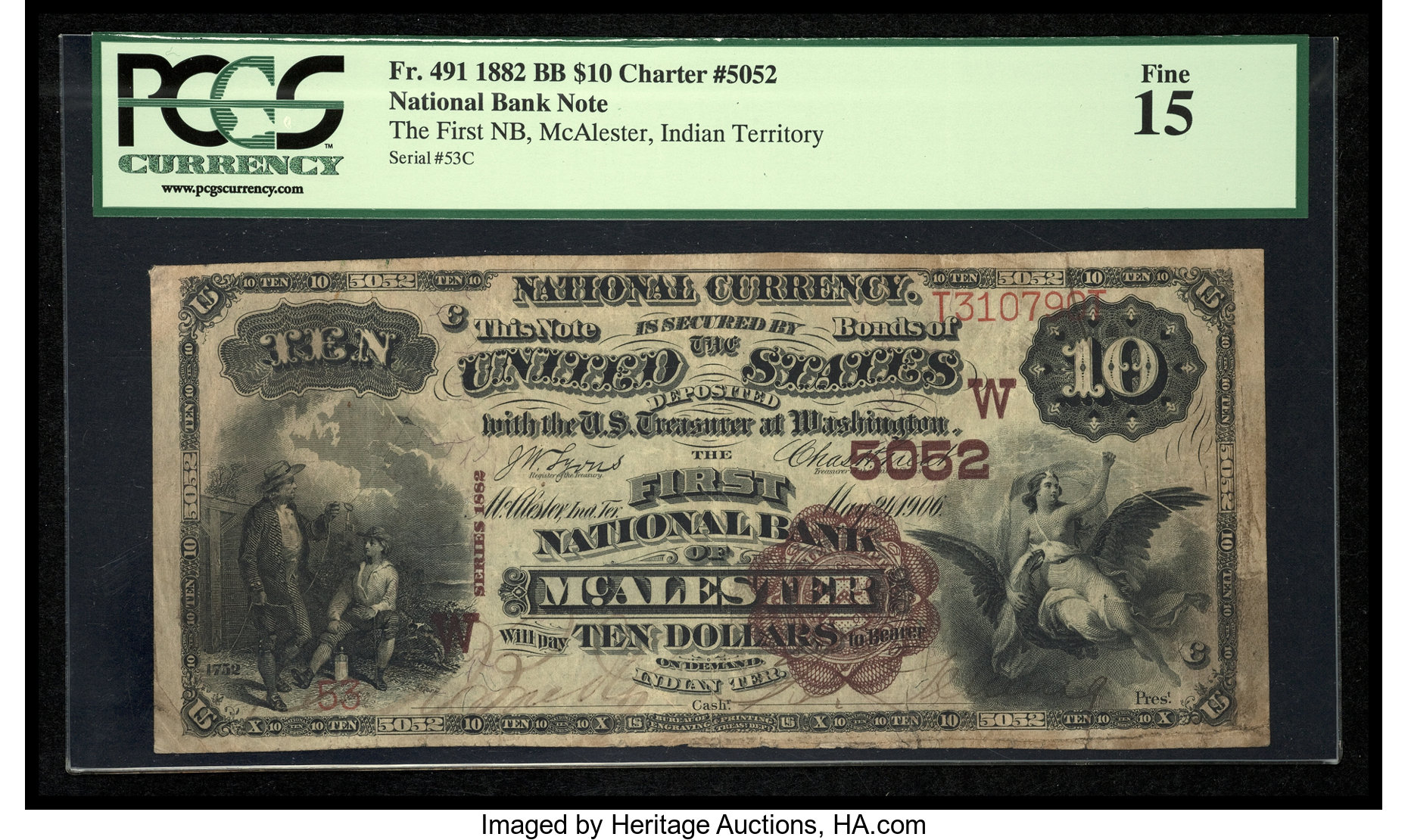 image for: McAlester, IT - $10 1882 Brown Back Fr. 491 The First NB Ch. # (W)5052...