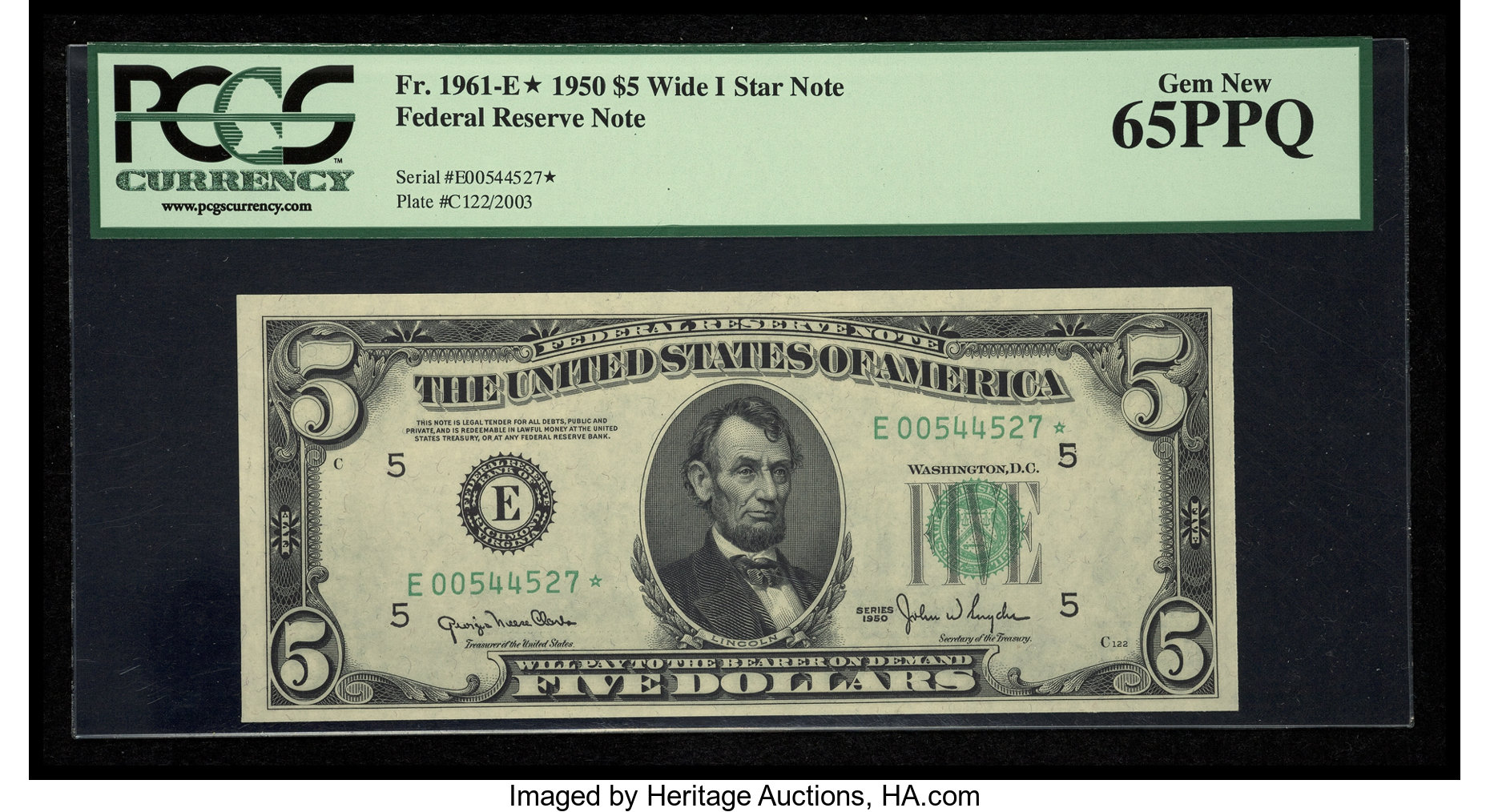 image for: Fr. 1961-E* $5 1950 Wide 1 Federal Reserve Note. PCGS Gem New 65PPQ....