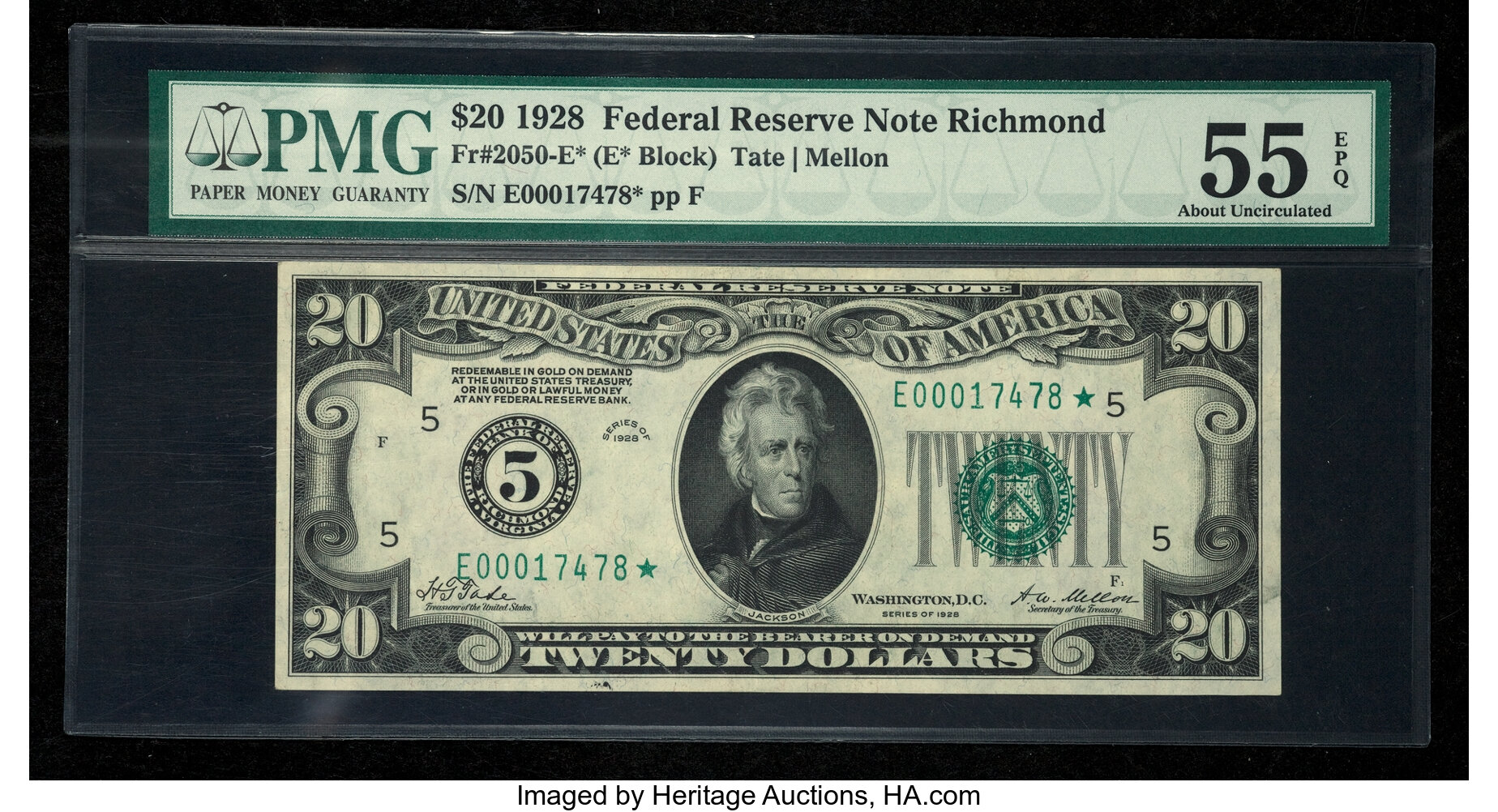 image for: Fr. 2050-E* $20 1928 Federal Reserve Note. PMG About Uncirculated 55 EPQ....