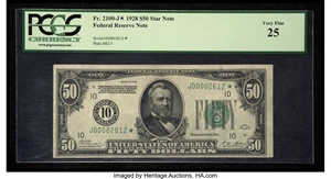image for: Fr. 2100-J* $50 1928 Federal Reserve Note. PCGS Very Fine 25....