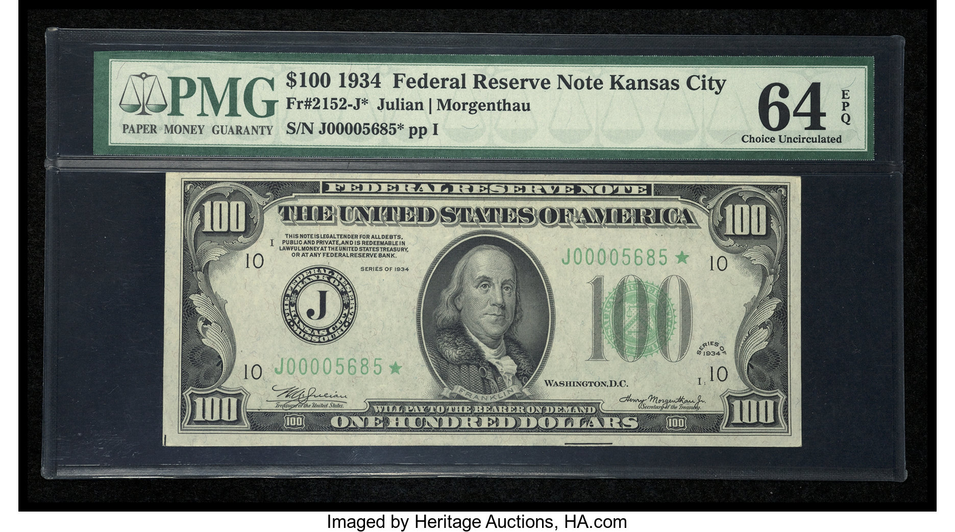 image for: Fr. 2152-J* $100 1934 Federal Reserve Note. PMG Choice Uncirculated 64 EPQ....