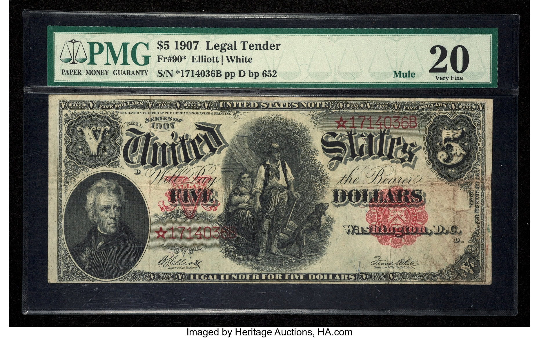 1907 $5 Mule, Star Replacement (Fr. 90m*)