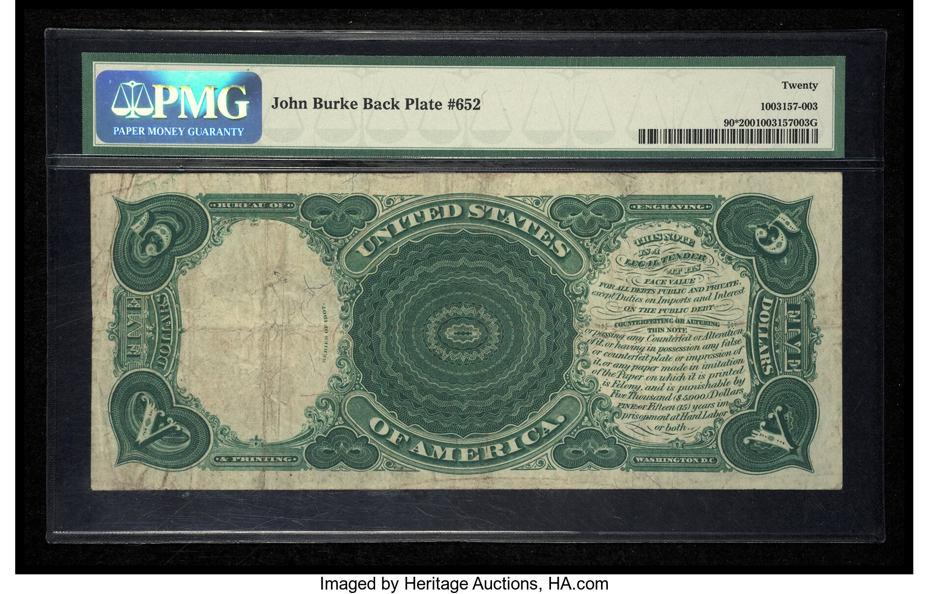 image for: Fr. 90* $5 1907 Mule Legal Tender PMG Very Fine 20....