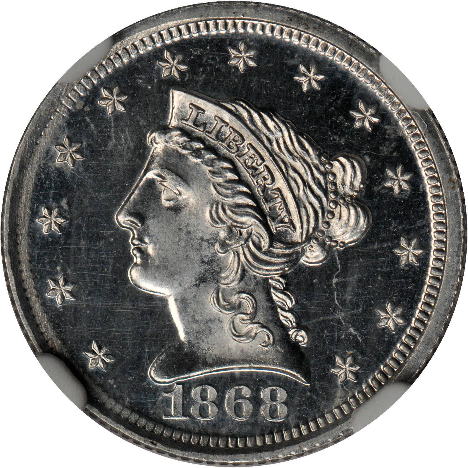 image for: 1868 Pattern Liberty Quarter Eagle. Judd-654, Pollock-727. Rarity-7-. Aluminum. Reeded Edge. Proof-65 Cameo (NGC).