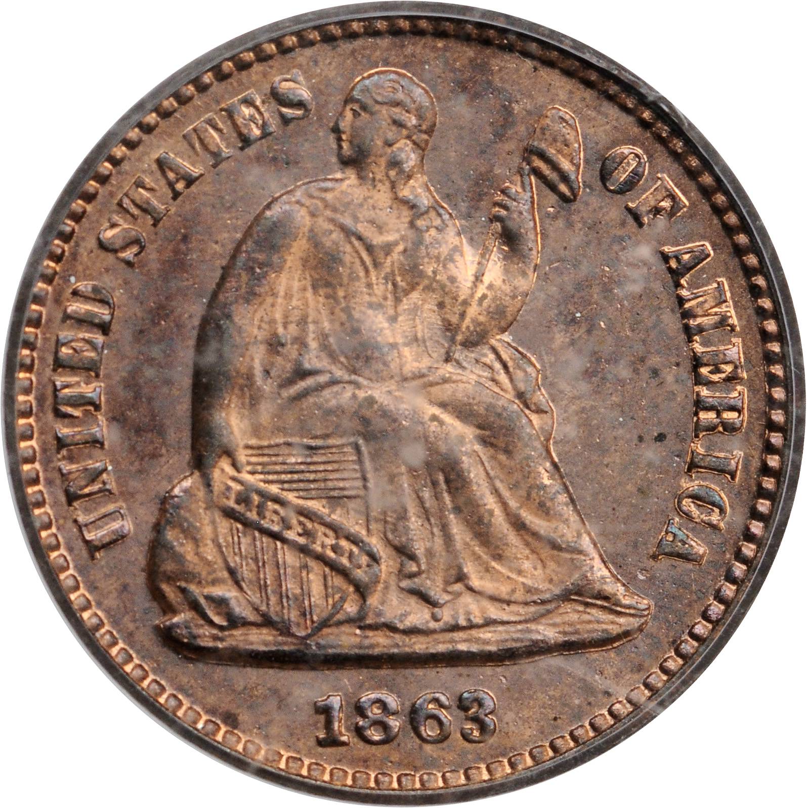 image for: 1863 Pattern Liberty Seated Half Dime. Judd-323, Pollock-388. Rarity-7+. Copper. Reeded Edge. Proof-64 RB (PCGS).