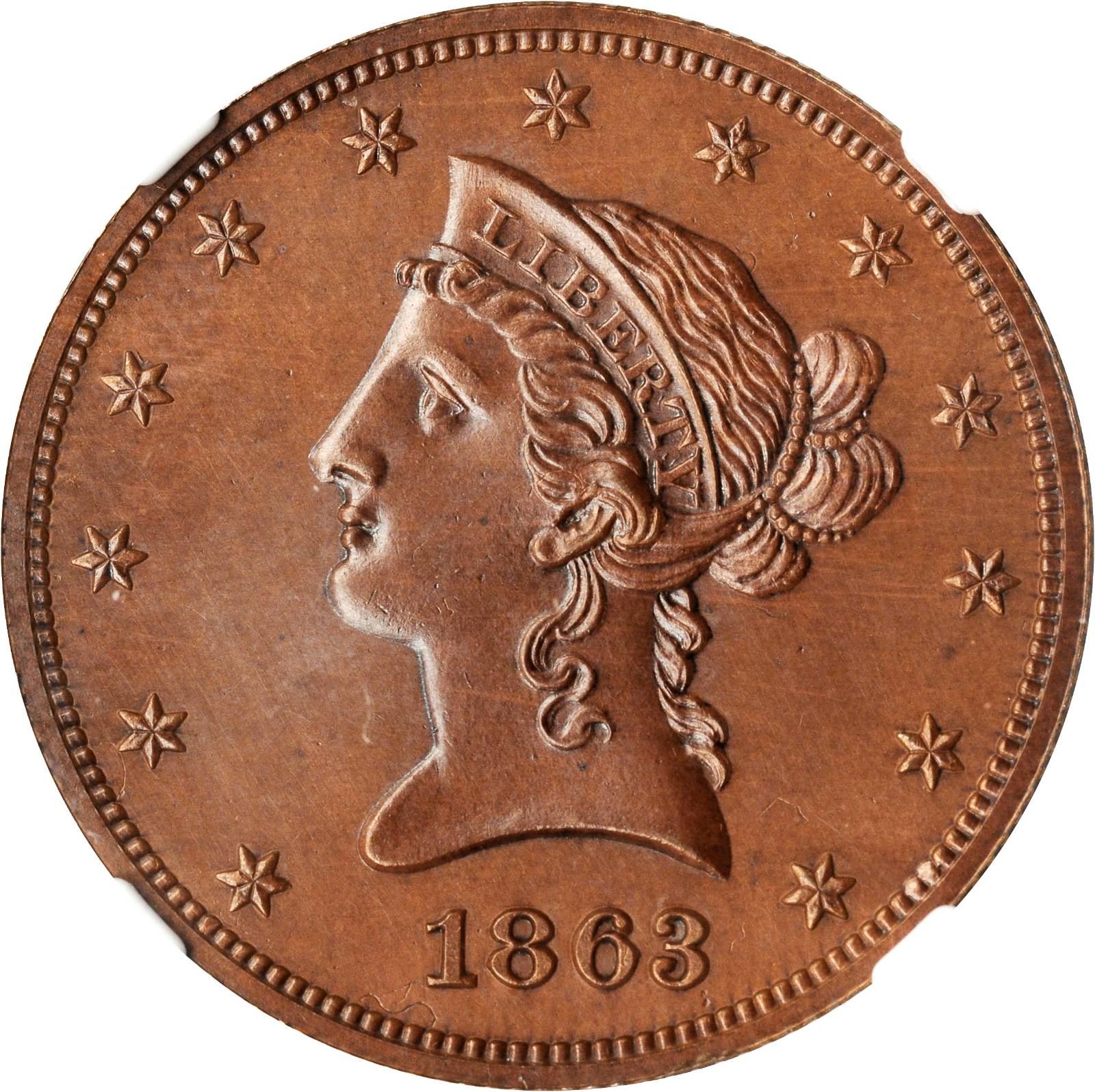 image for: 1863 Pattern Liberty Eagle. Judd-352, Pollock-424. Rarity-6+. Copper. Reeded Edge. Proof-65 BN (NGC). CAC.