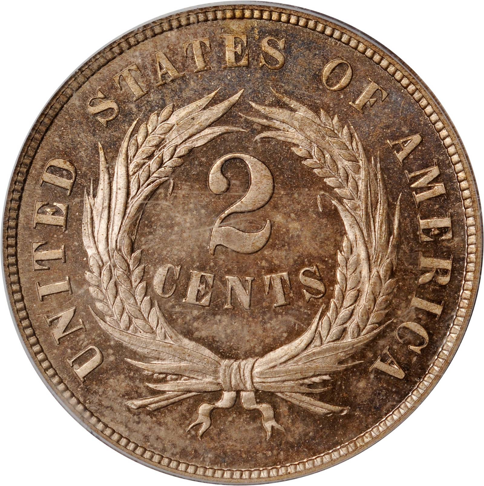 image for: 1865 Pattern Two-Cent Piece. Judd-409, Pollock-478. Rarity-6+. Copper-Nickel. Plain Edge. Proof-64 (PCGS).