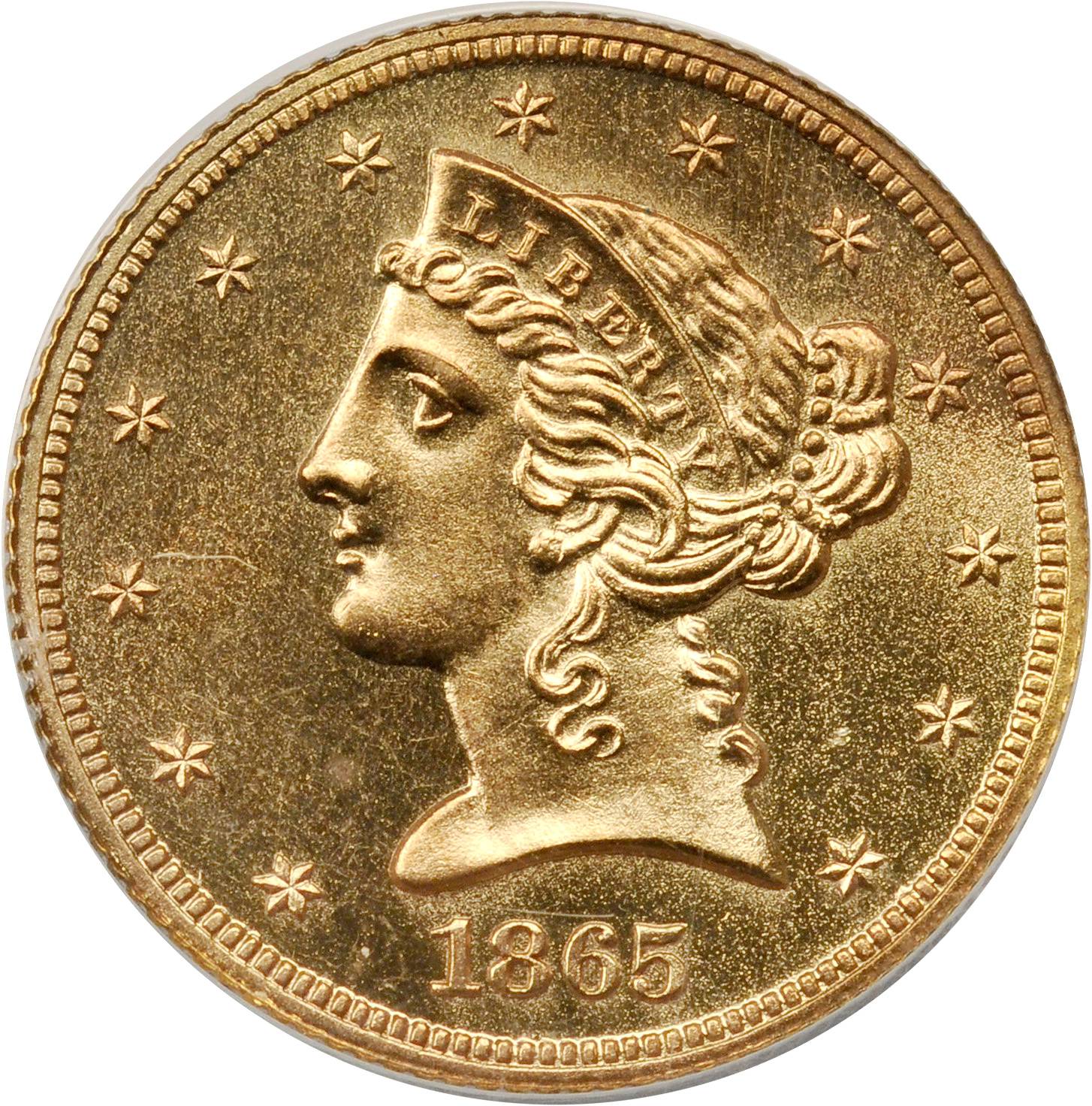 image for: 1865 Pattern Liberty Half Eagle. Judd-446 Gilt, Pollock-518. Rarity-6+. Gilt Copper. Reeded Edge. Proof-60 Details--Altered Surfaces (AN...