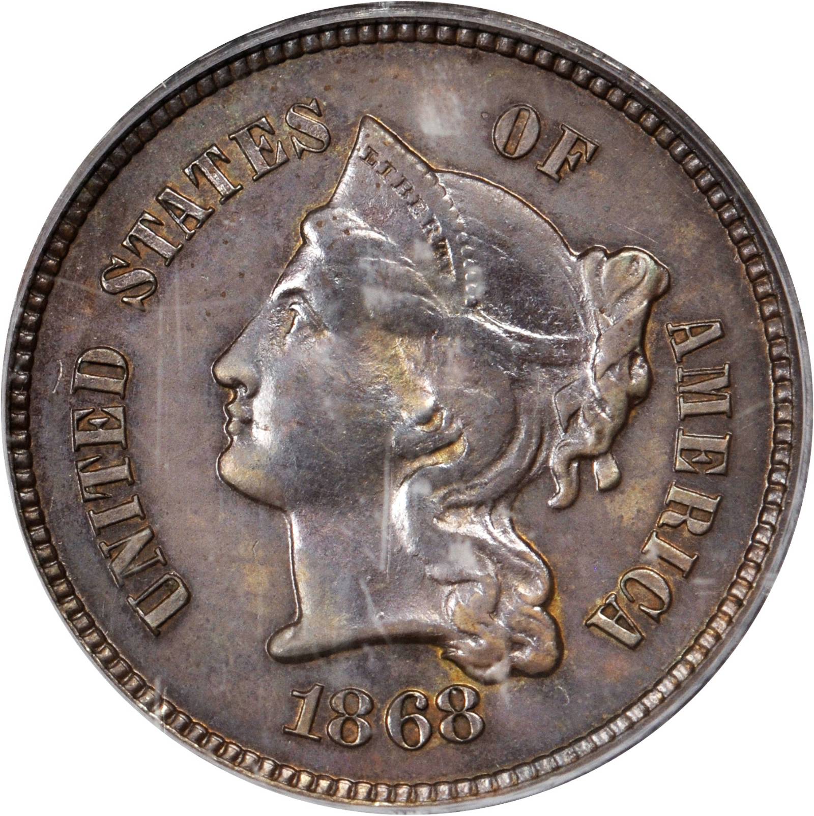 image for: 1868 Pattern Three-Cent Piece. Judd-619, Pollock-688. Rarity-7-. Copper. Plain Edge. Proof-63 BN (PCGS).