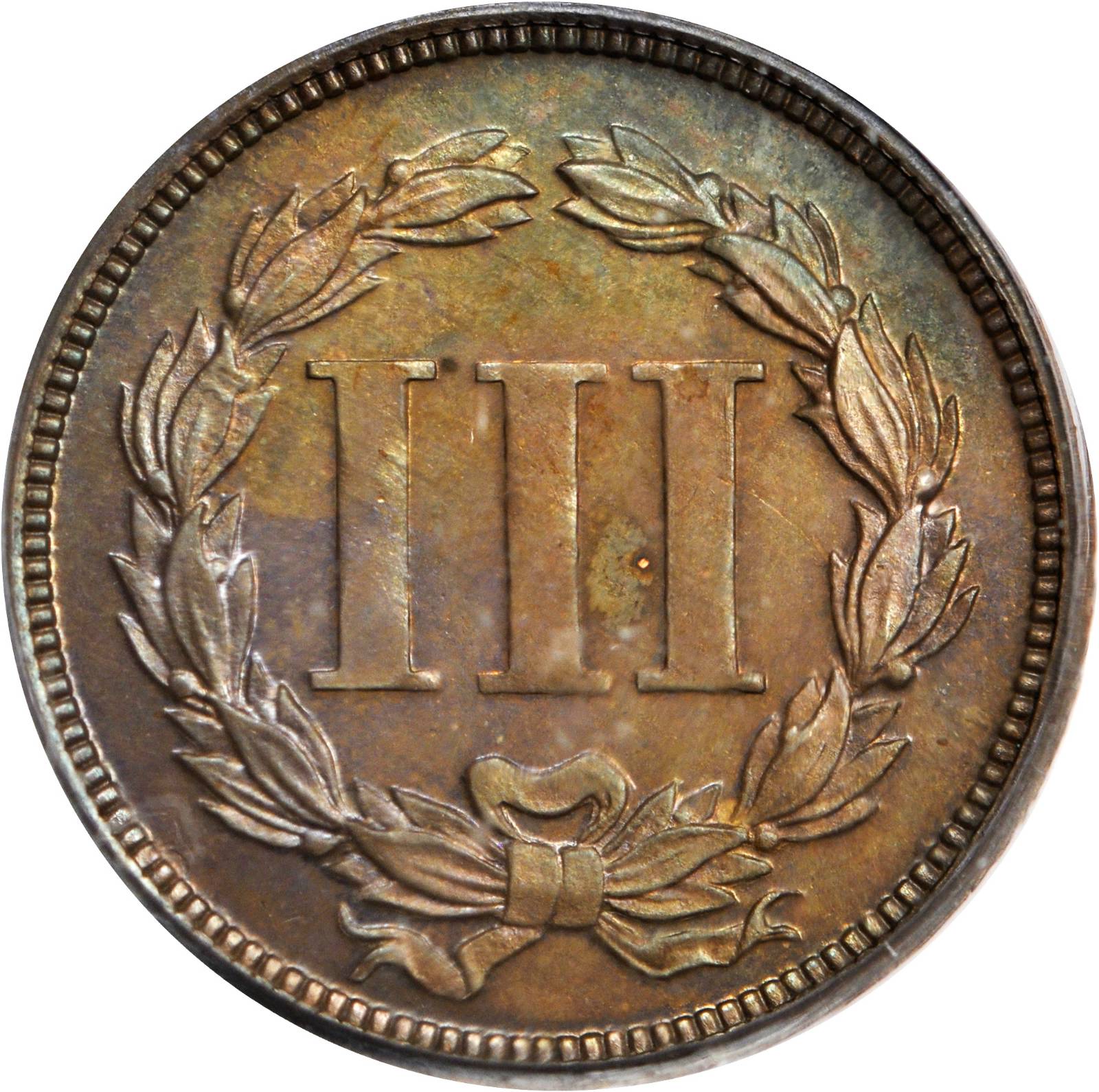 image for: 1868 Pattern Three-Cent Piece. Judd-619, Pollock-688. Rarity-7-. Copper. Plain Edge. Proof-63 BN (PCGS).