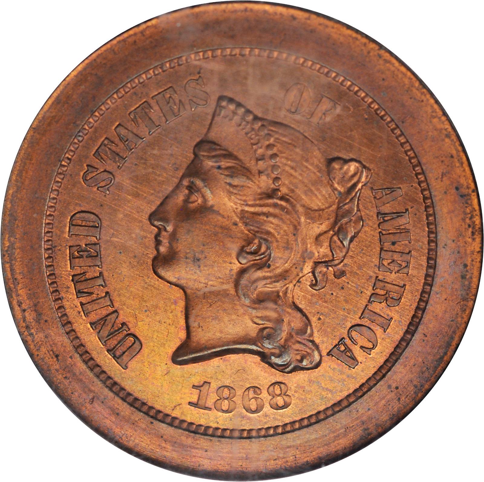 image for: 1868 Pattern Five-Cent Piece. Judd-627, Pollock-696. Rarity-7-. Copper. Plain Edge. Proof-64 RB (NGC).