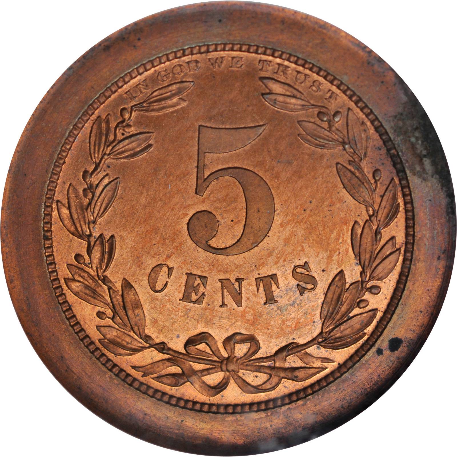 image for: 1868 Pattern Five-Cent Piece. Judd-627, Pollock-696. Rarity-7-. Copper. Plain Edge. Proof-64 RB (NGC).