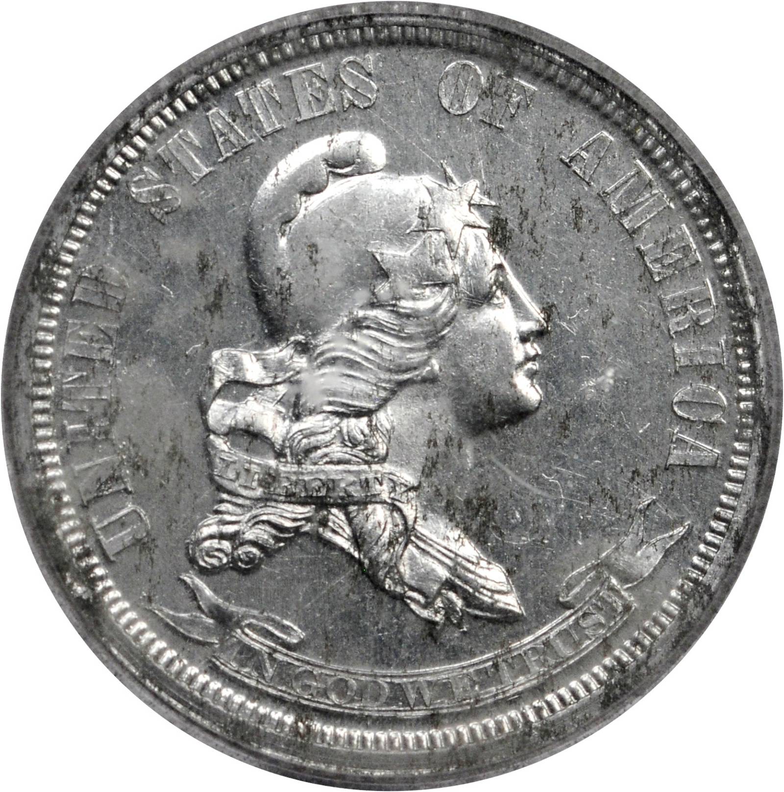 image for: 1869 Pattern Quarter. Judd-725, Pollock-806. Rarity-7+. Aluminum. Reeded Edge. Proof. Genuine--Code 97, Environmental Damage (PCGS).
