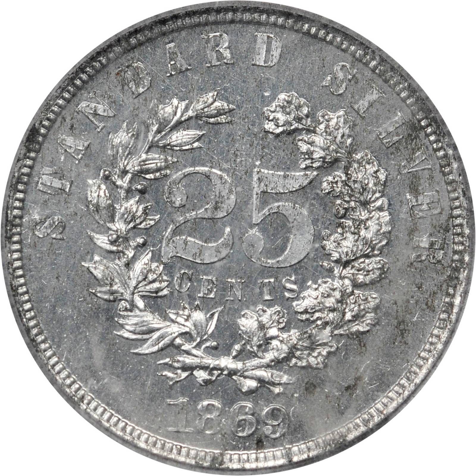 image for: 1869 Pattern Quarter. Judd-725, Pollock-806. Rarity-7+. Aluminum. Reeded Edge. Proof. Genuine--Code 97, Environmental Damage (PCGS).