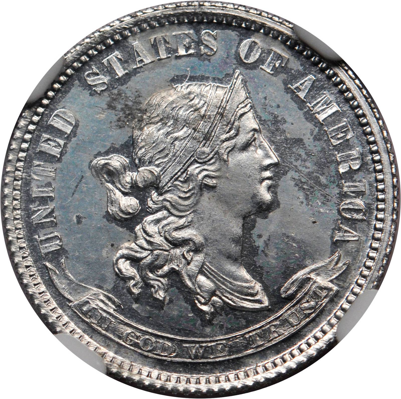 image for: 1870 Pattern Dime. Judd-847, Pollock-947. Rarity-7+. Aluminum. Reeded Edge. Proof-64 (NGC).