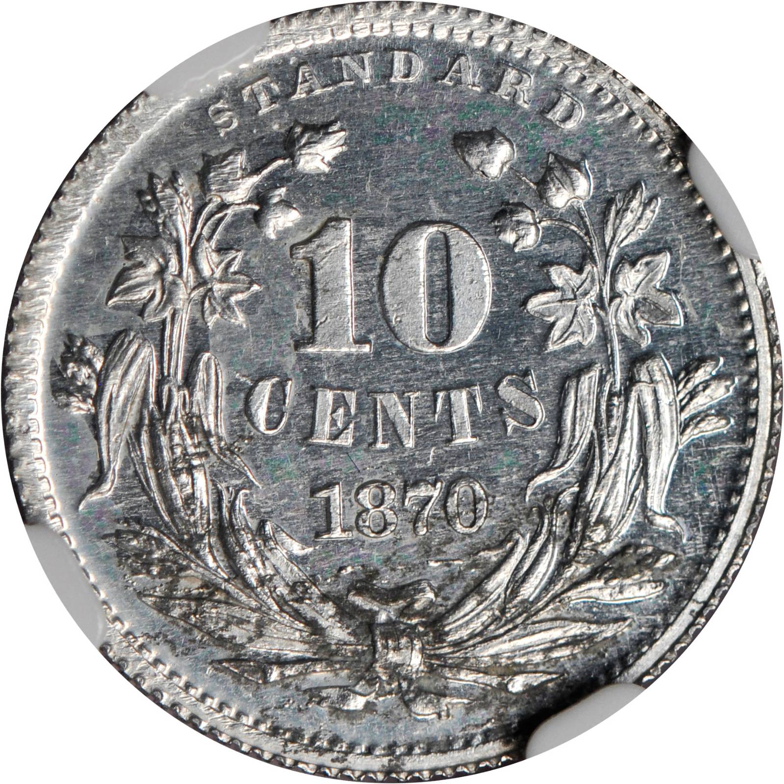 image for: 1870 Pattern Dime. Judd-847, Pollock-947. Rarity-7+. Aluminum. Reeded Edge. Proof-64 (NGC).