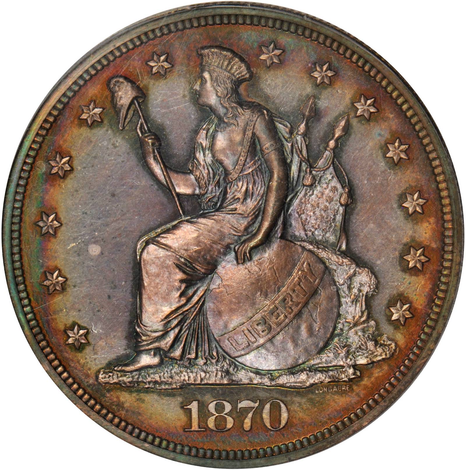 image for: 1870 Pattern Dollar. Judd-1016, Pollock-1150. Rarity-7-. Copper. Reeded Edge. Proof-63 RB (PCGS).