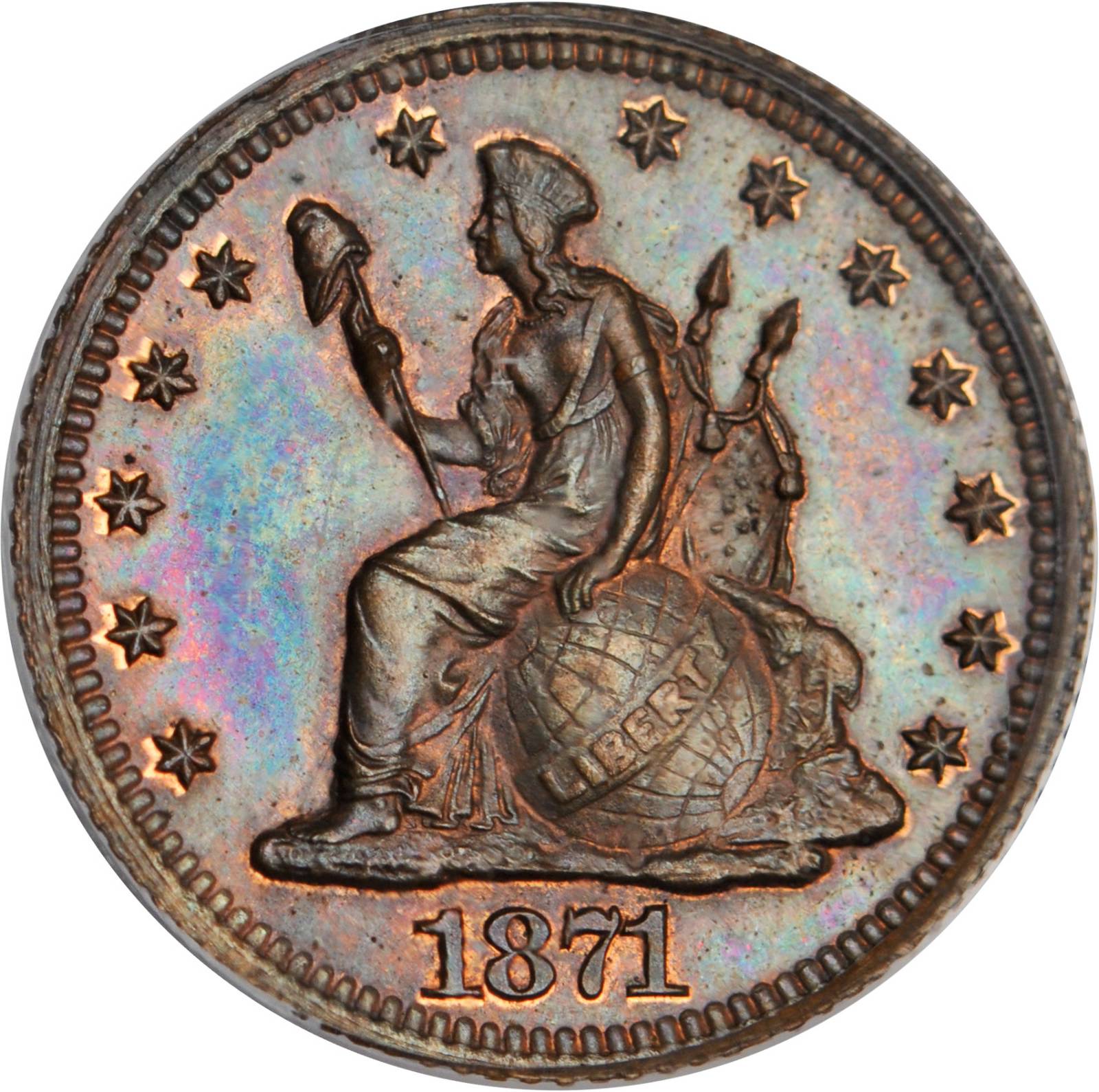 image for: 1871 Pattern Half Dime. Judd-1069, Pollock-1205. Rarity-7-. Copper. Reeded Edge. Proof-65 BN (PCGS).