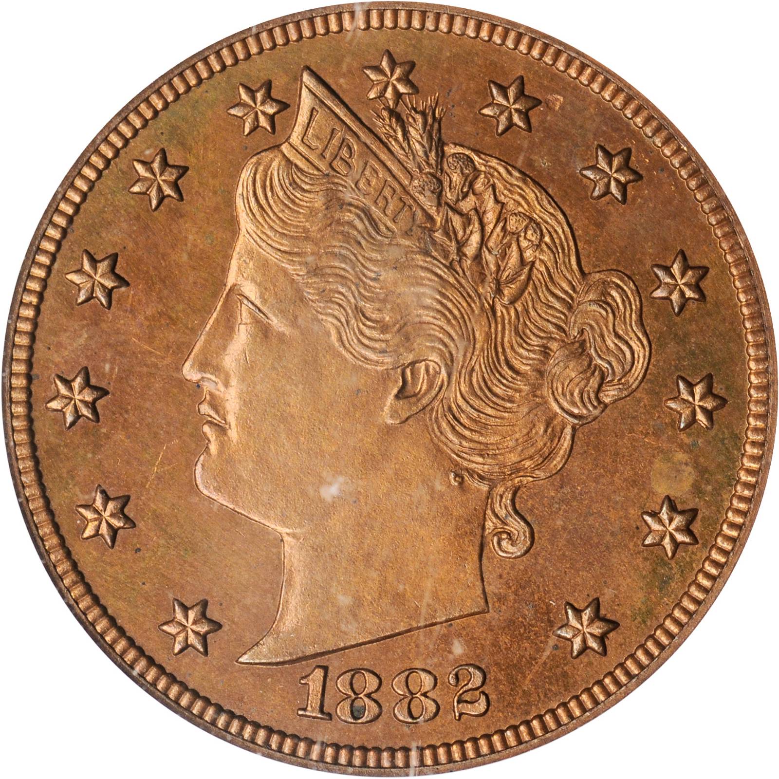 image for: 1882 Pattern Liberty Nickel. Judd-1691, Pollock-1893. Rarity-6+. Copper. Plain Edge. Proof-64 RB (PCGS).