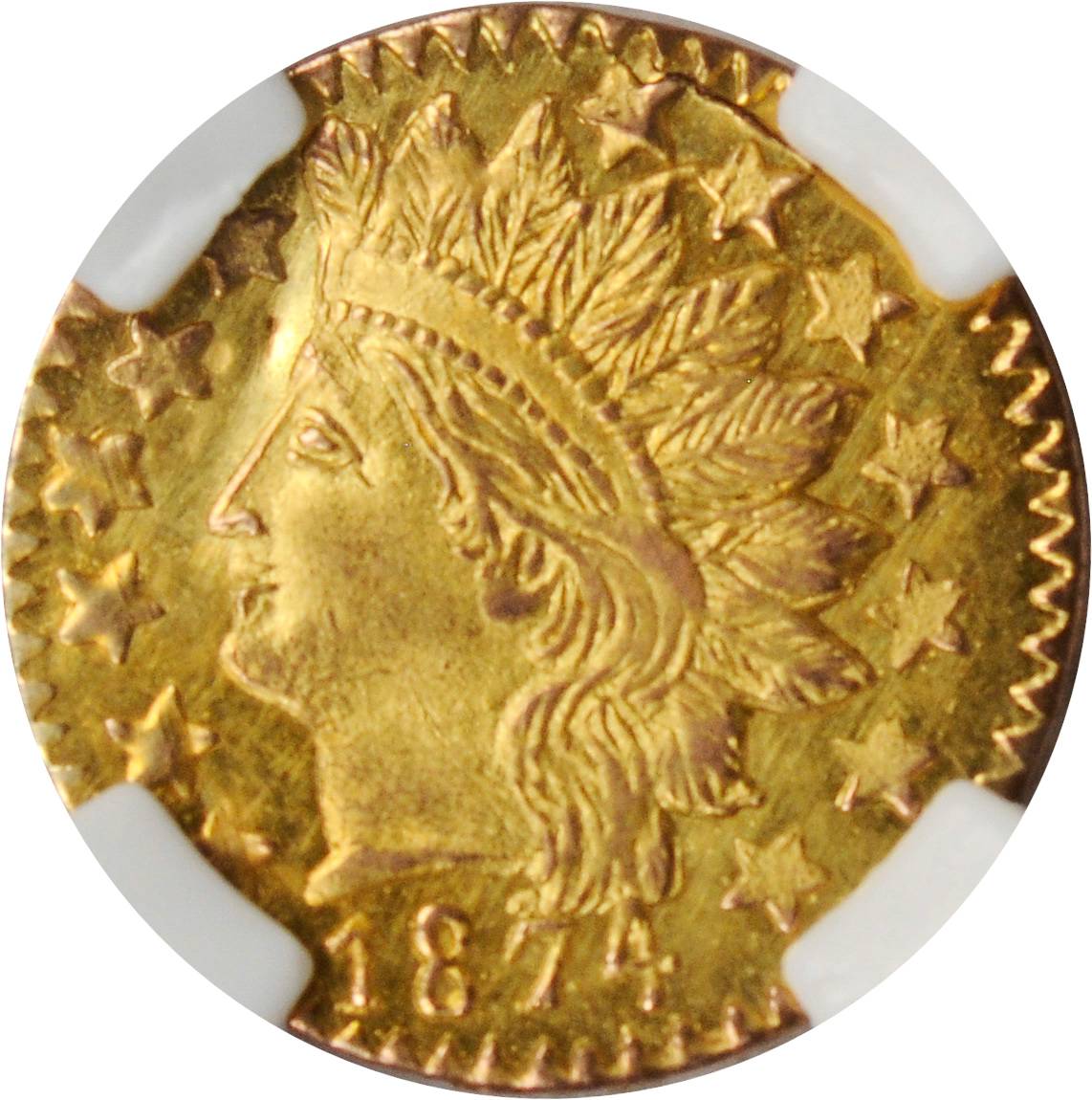 image for: 1874 Round 25 Cents. BG-888. Rarity-5-. Indian Head. Unc Details--Damaged (NGC).