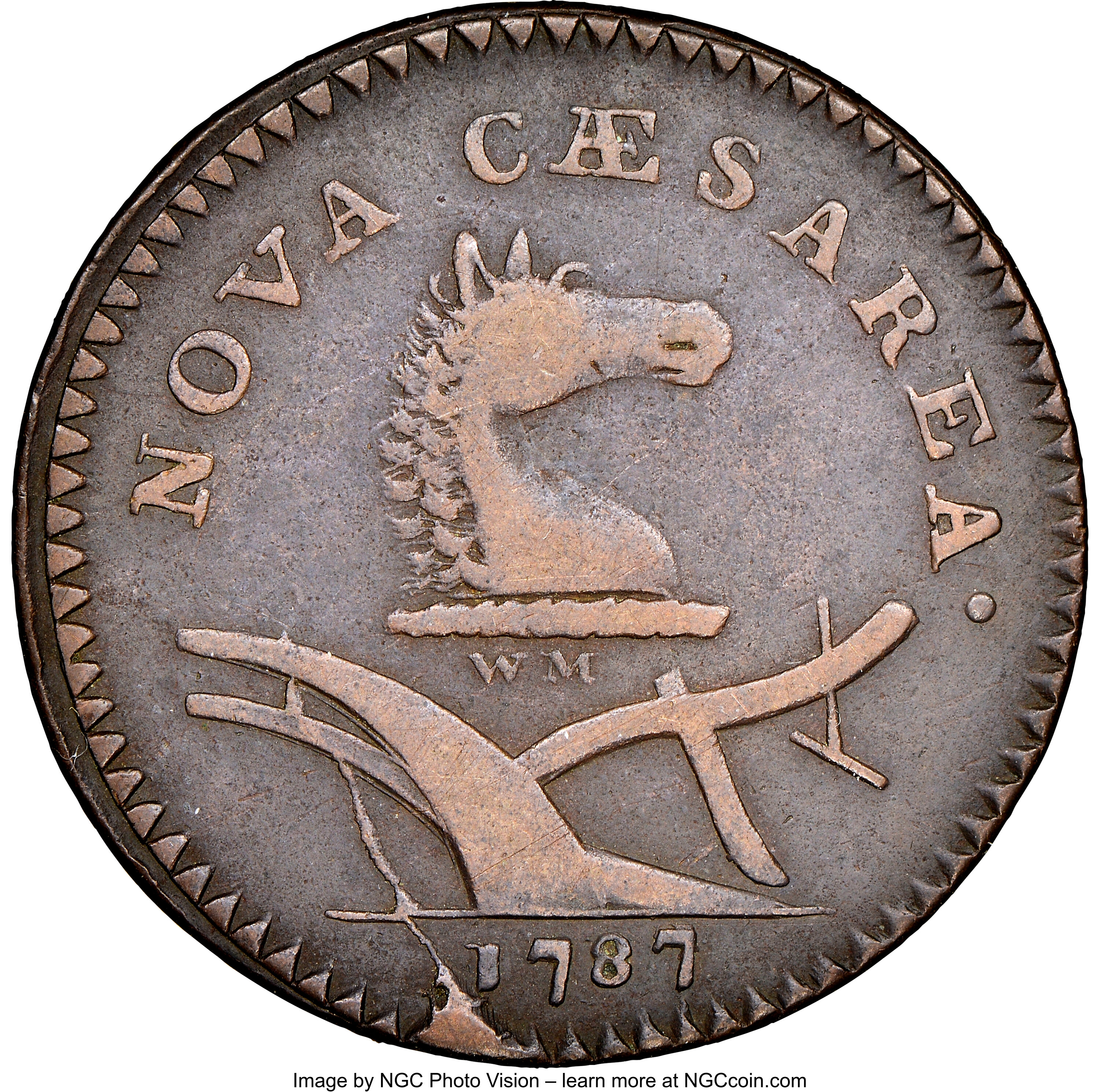 image for: 1787 New Jersey Copper, WM Above Plow, Maris 62.5-r, W-5360, Unique, Fine 15 NGC. ...