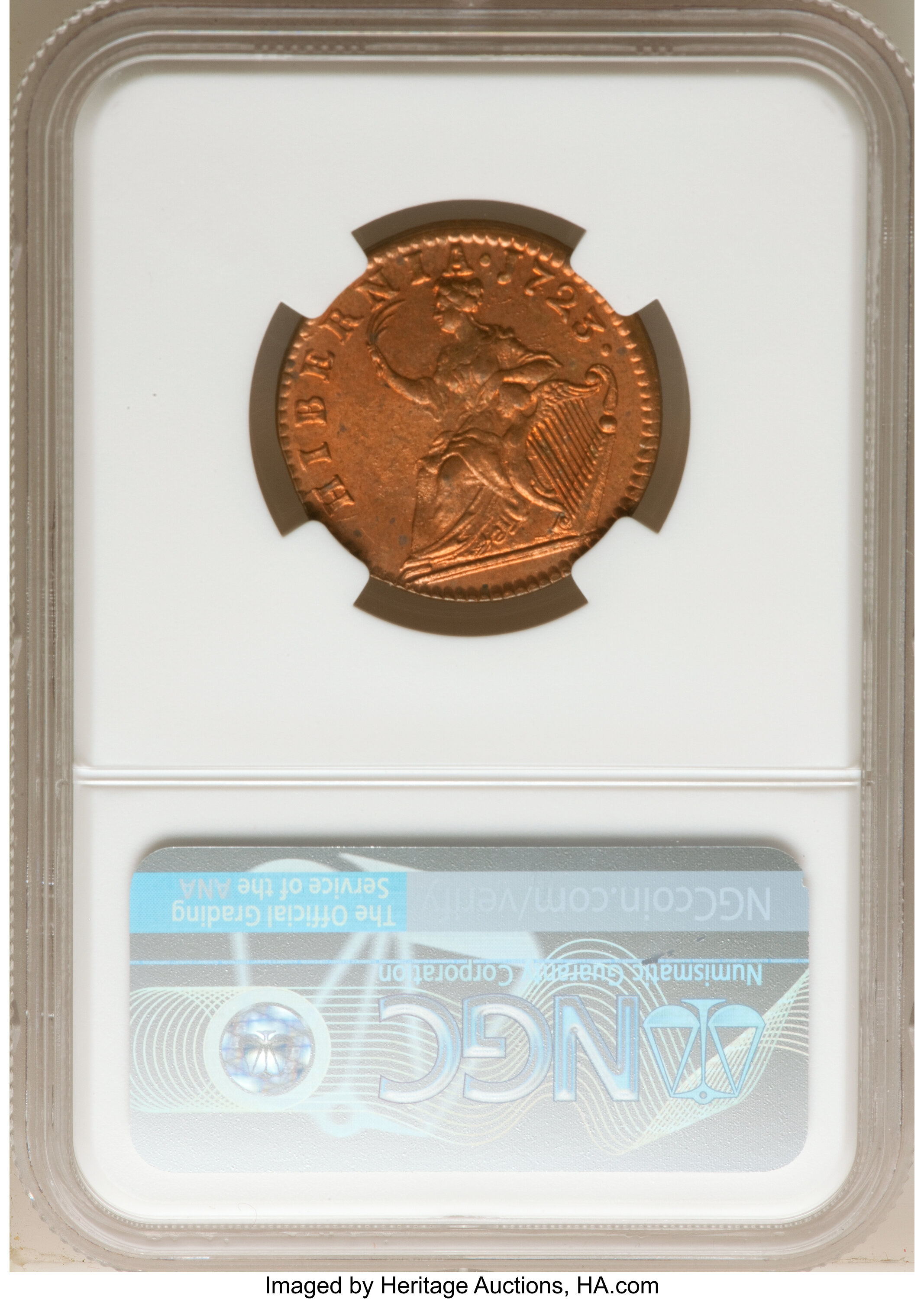 image for: 1723 Hibernia Halfpenny, Harp Right, W-13120, M. 4.74-Gb.11 MS64 Red NGC. ...