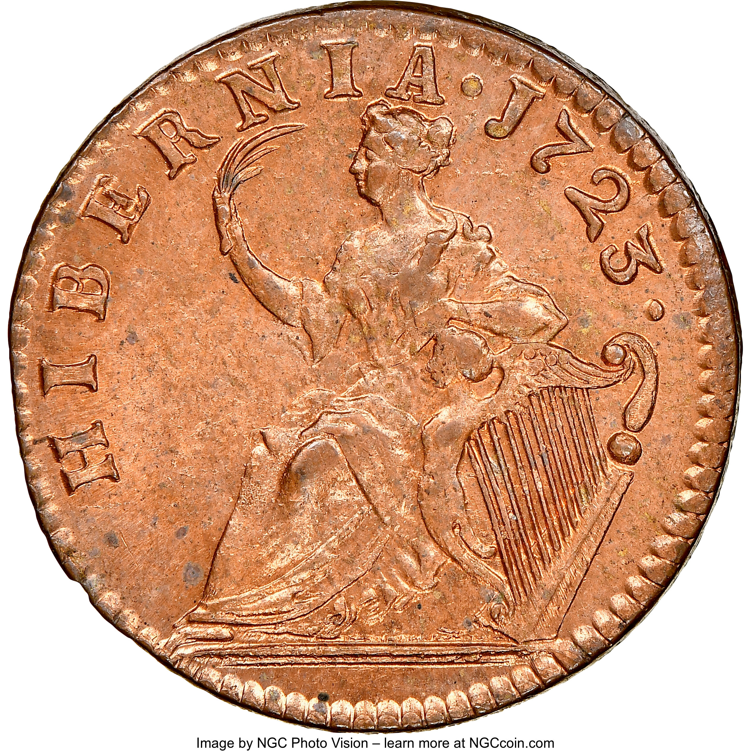 image for: 1723 Hibernia Halfpenny, Harp Right, W-13120, M. 4.74-Gb.11 MS64 Red NGC. ...
