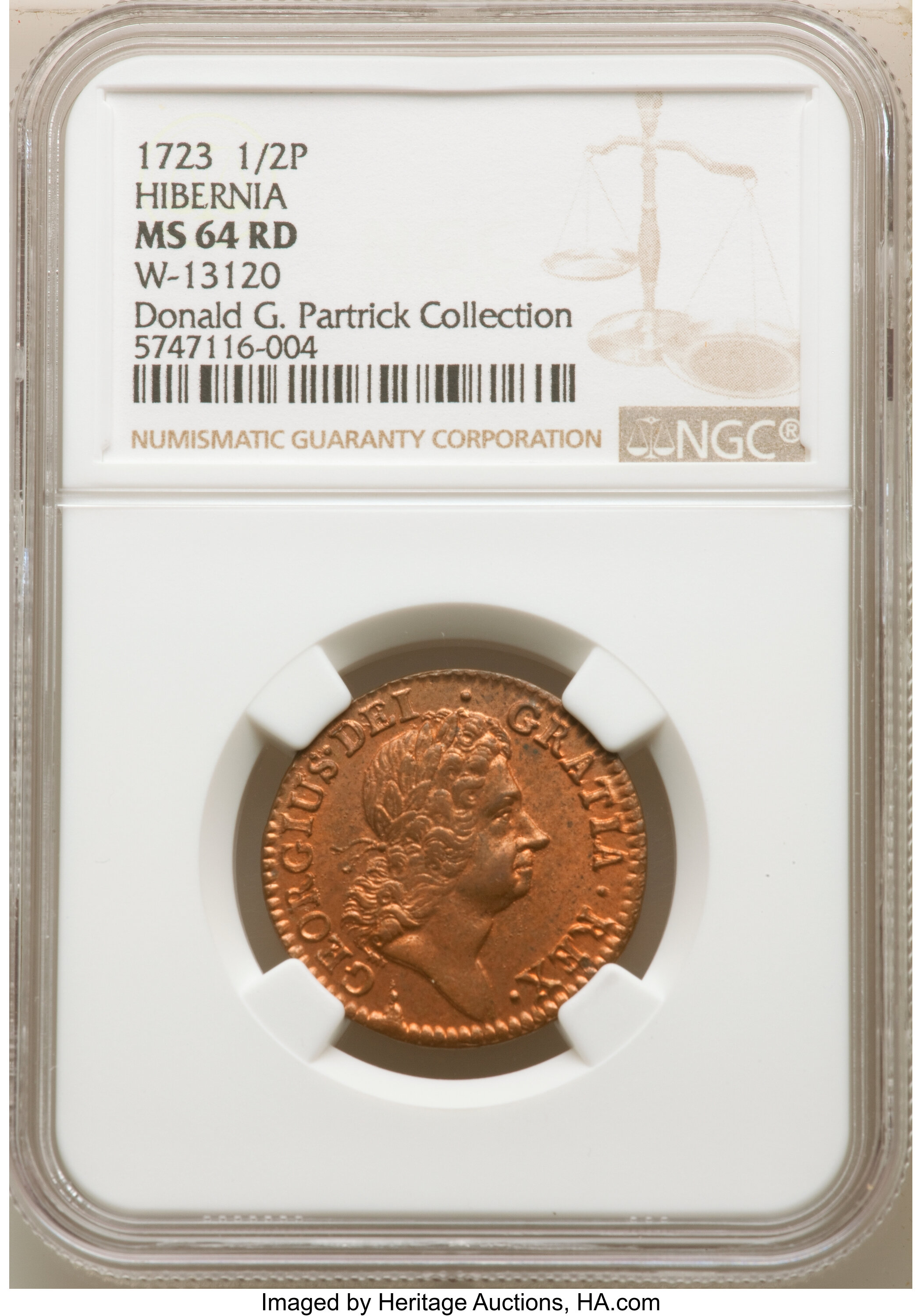 image for: 1723 Hibernia Halfpenny, Harp Right, W-13120, M. 4.74-Gb.11 MS64 Red NGC. ...
