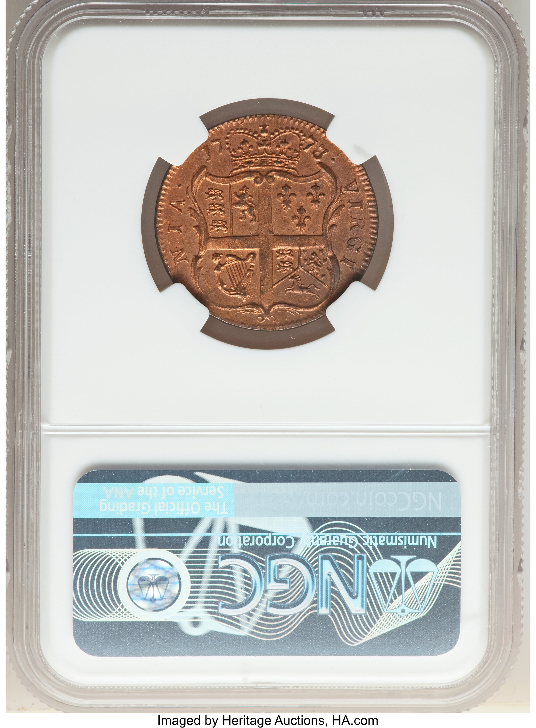 image for: 1773 Virginia Halfpenny, No Period MS63+ Red NGC. N. 4-G, W-1460, R.3....