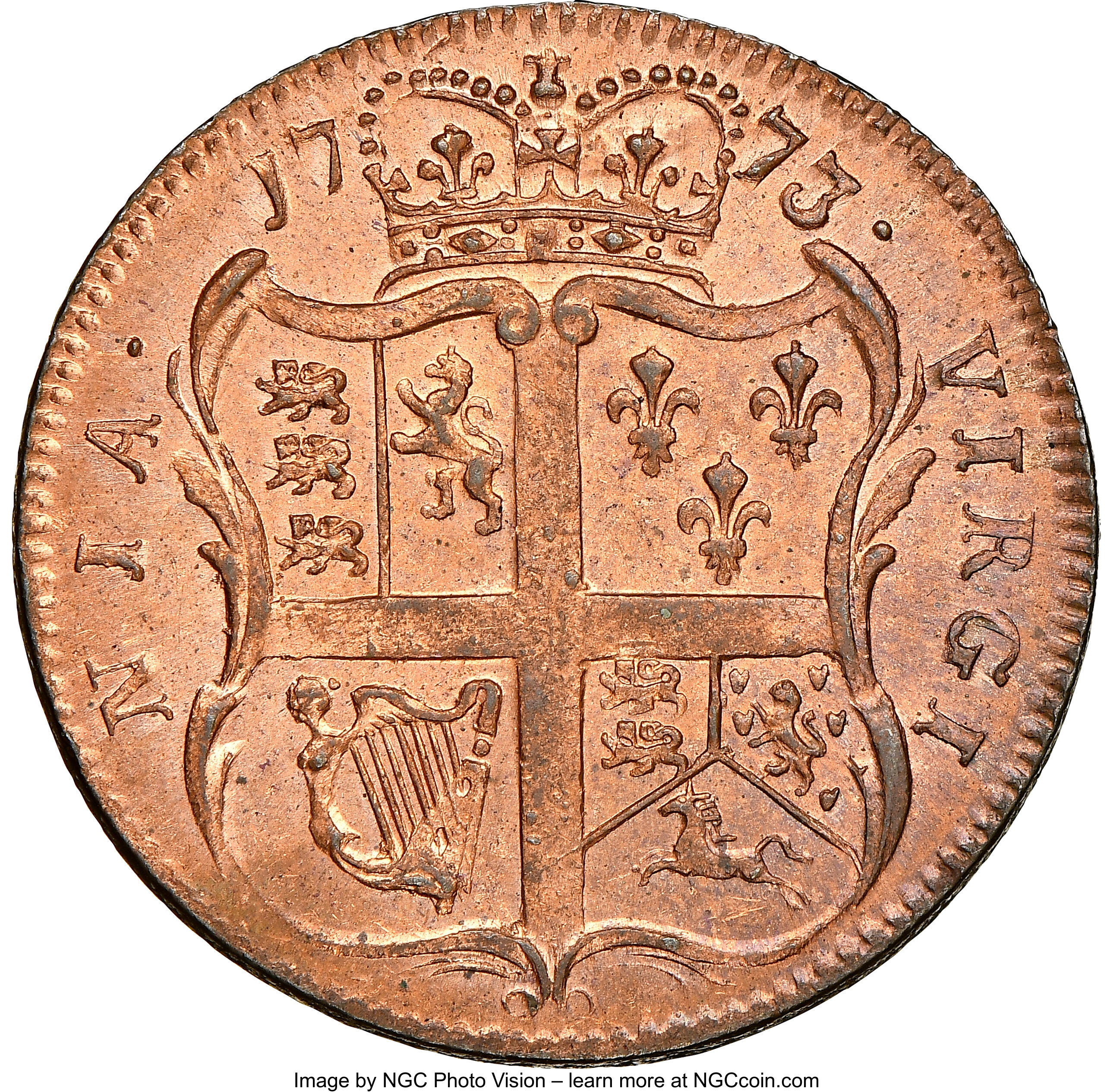 image for: 1773 Virginia Halfpenny, No Period MS63+ Red NGC. N. 4-G, W-1460, R.3....