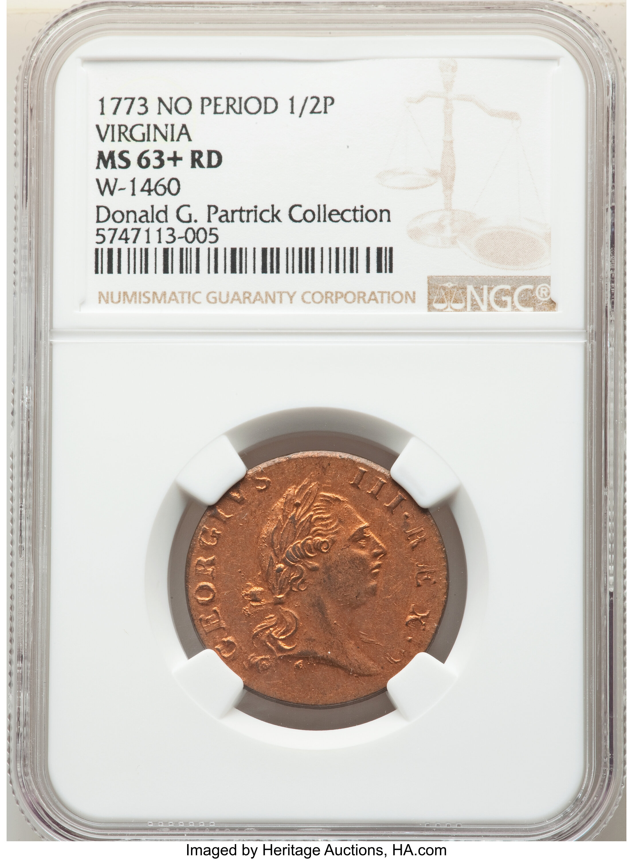 image for: 1773 Virginia Halfpenny, No Period MS63+ Red NGC. N. 4-G, W-1460, R.3....