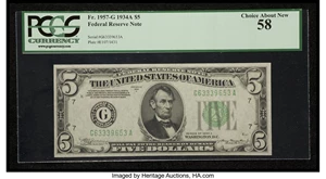 image for: Fr. 1957-G $5 1934A Federal Reserve Note. PCGS Choice About New 58....
