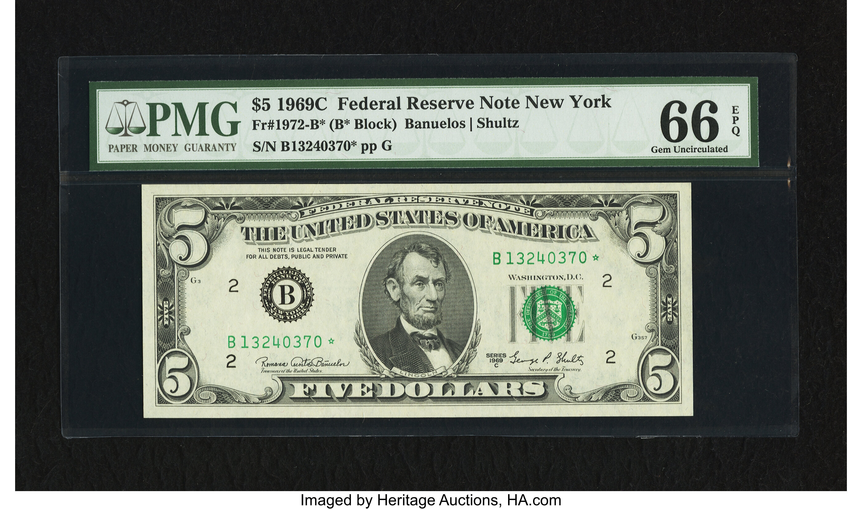 image for: Fr. 1972-B* $5 1969C Federal Reserve Star Note. PMG Gem Uncirculated 66 EPQ....