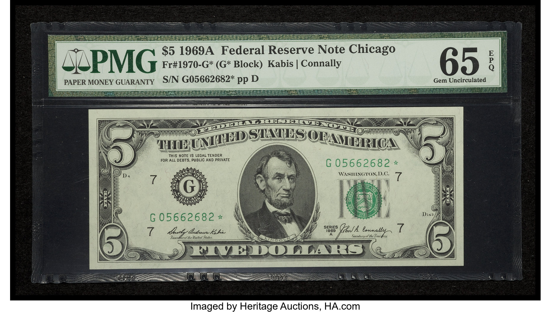 image for: Fr. 1970-G* $5 1969A Federal Reserve Star Note. PMG Gem Uncirculated 65 EPQ....