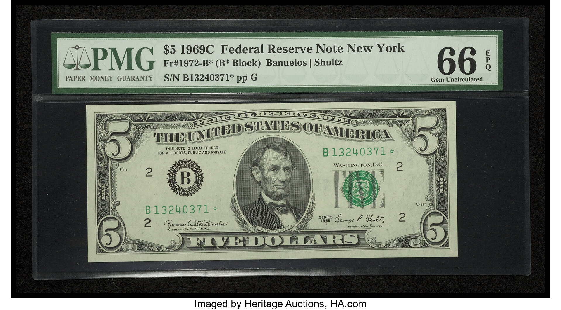 image for: Fr. 1972-B* $5 1969C Federal Reserve Star Note. PMG Gem Uncirculated 66 EPQ....