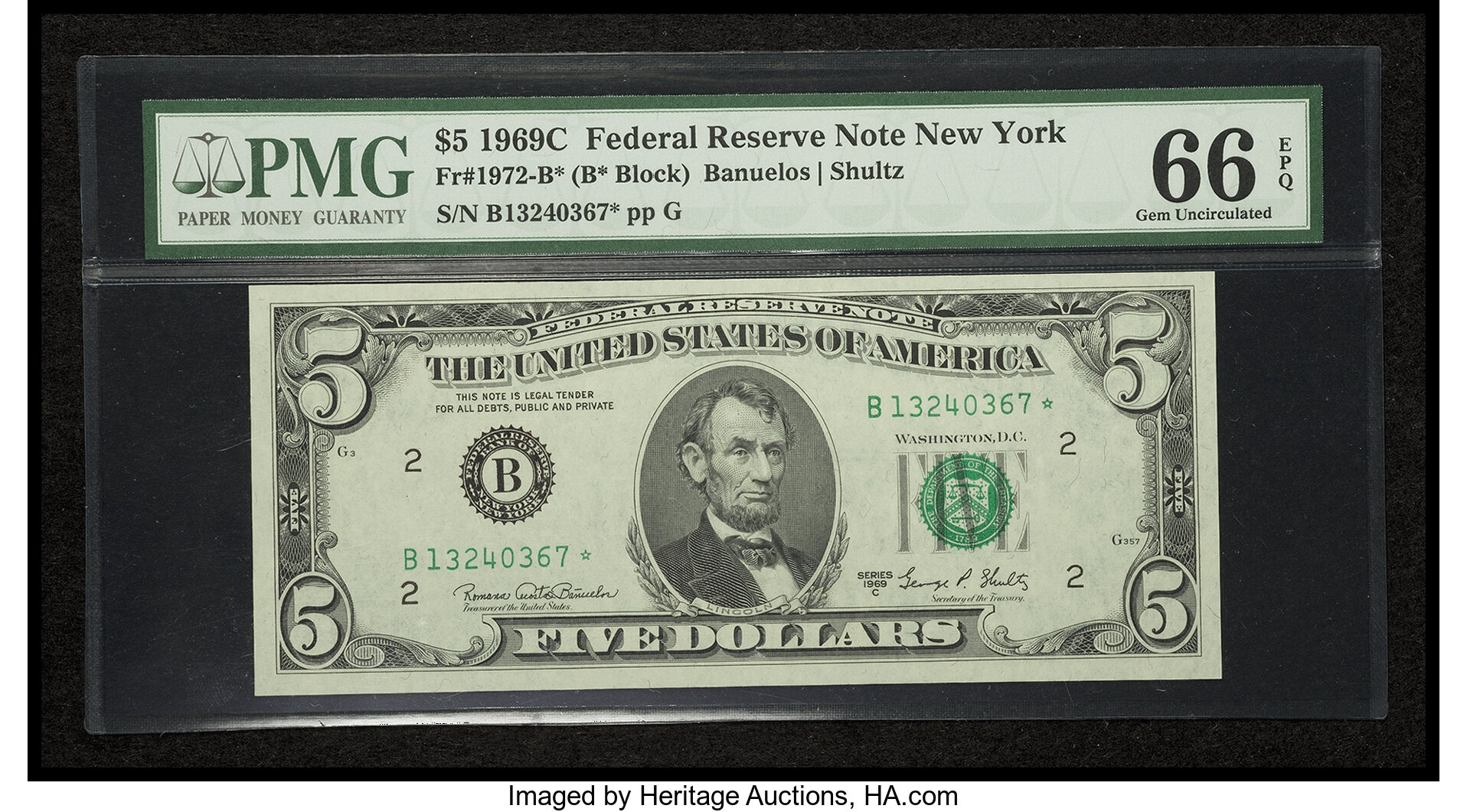 image for: Fr. 1972-B* $5 1969C Federal Reserve Star Note. PMG Gem Uncirculated 66 EPQ....