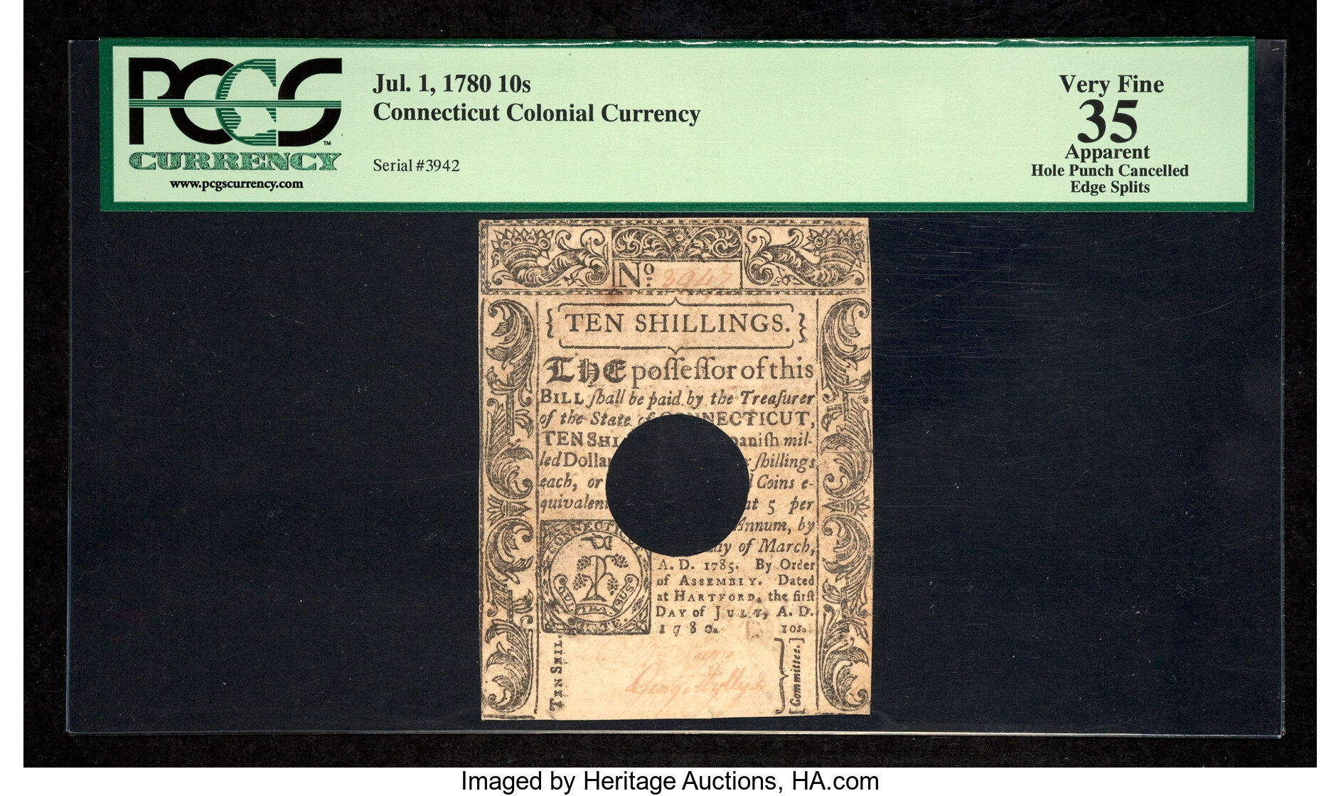 image for: Connecticut July 1, 1780 10s Hole Cancel PCGS Apparent Very Fine 35....