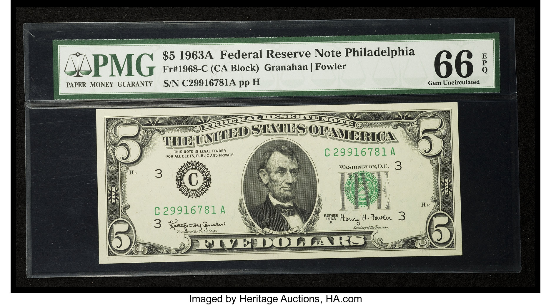 image for: Fr. 1968-C $5 1963A Federal Reserve Note. PMG Gem Uncirculated 66 EPQ....