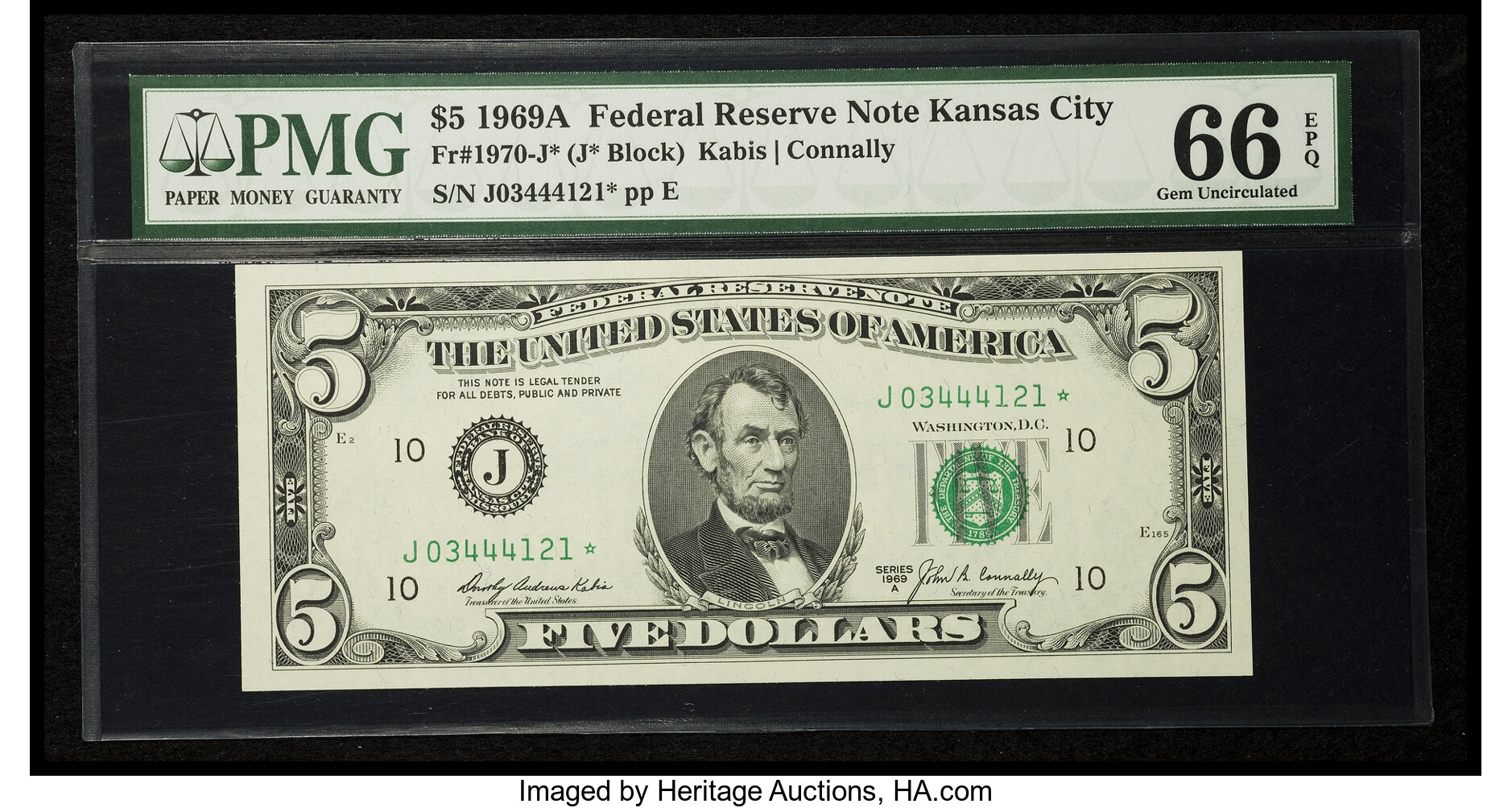 image for: Fr. 1970-J* $5 1969A Federal Reserve Star Note. PMG Gem Uncirculated 66 EPQ....