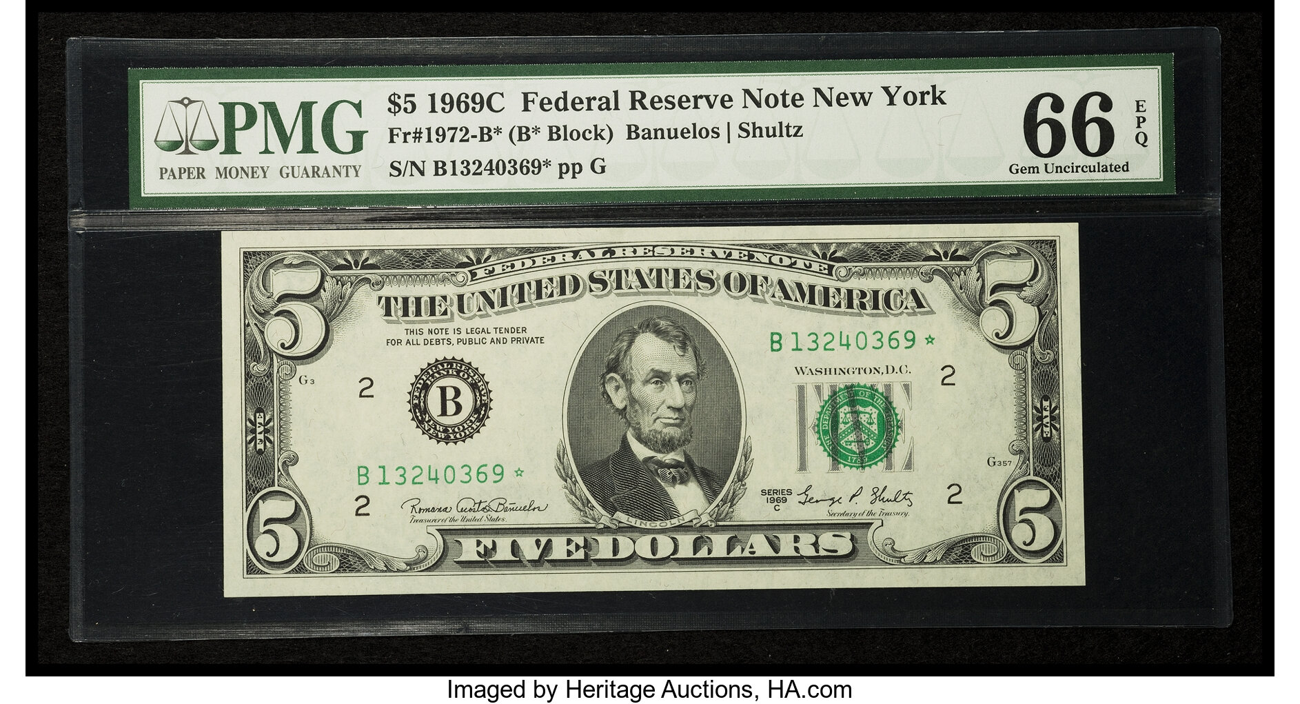 image for: Fr. 1972-B* $5 1969C Federal Reserve Star Note. PMG Gem Uncirculated 66 EPQ....
