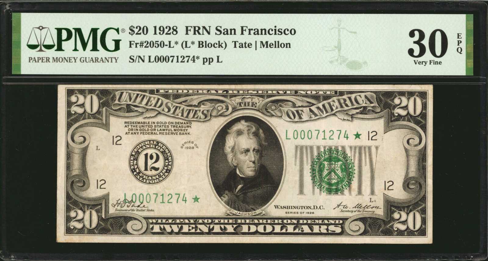 image for: Fr. 2050-L*. 1928 $20 Federal Reserve Star Note. San Francisco. PMG Very Fine 30 EPQ.