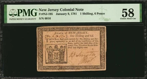 image for: NJ-195. New Jersey. January 9, 1781. 1 Shilling, 6 Pence. PMG Choice About Uncirculated 58.