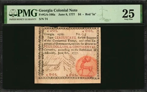 image for: GA-106a. Georgia. June 8, 1777. $4. PMG Very Fine 25.