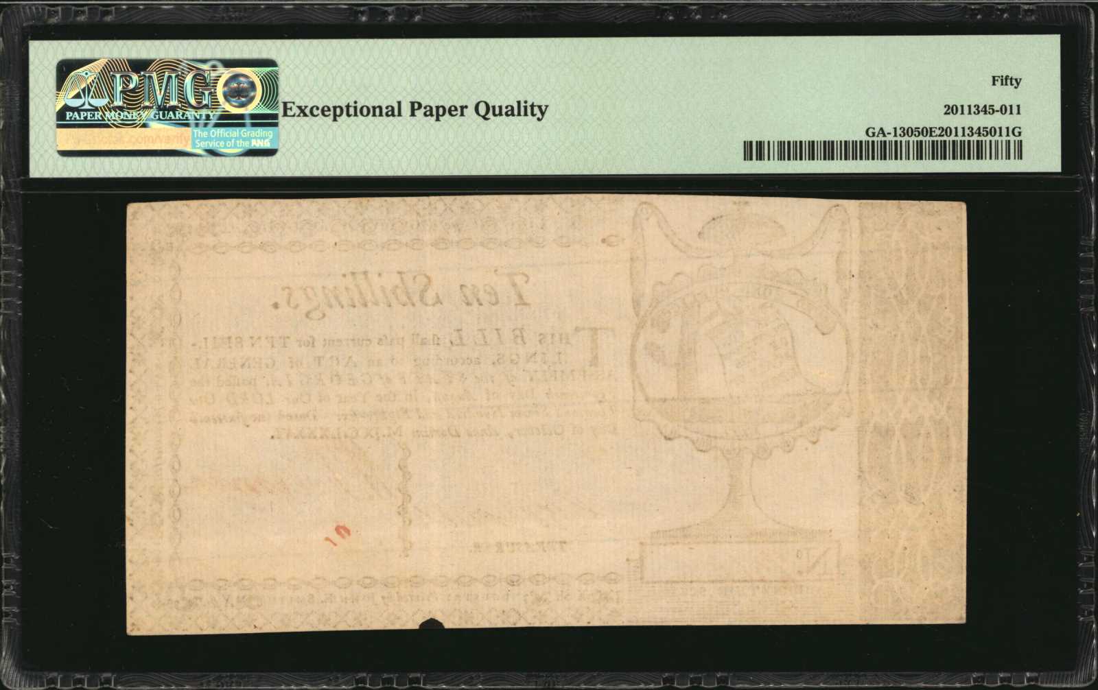 image for: GA-130. Georgia. October 16, 1786. 10 Shillings. PMG About Uncirculated 50 EPQ.