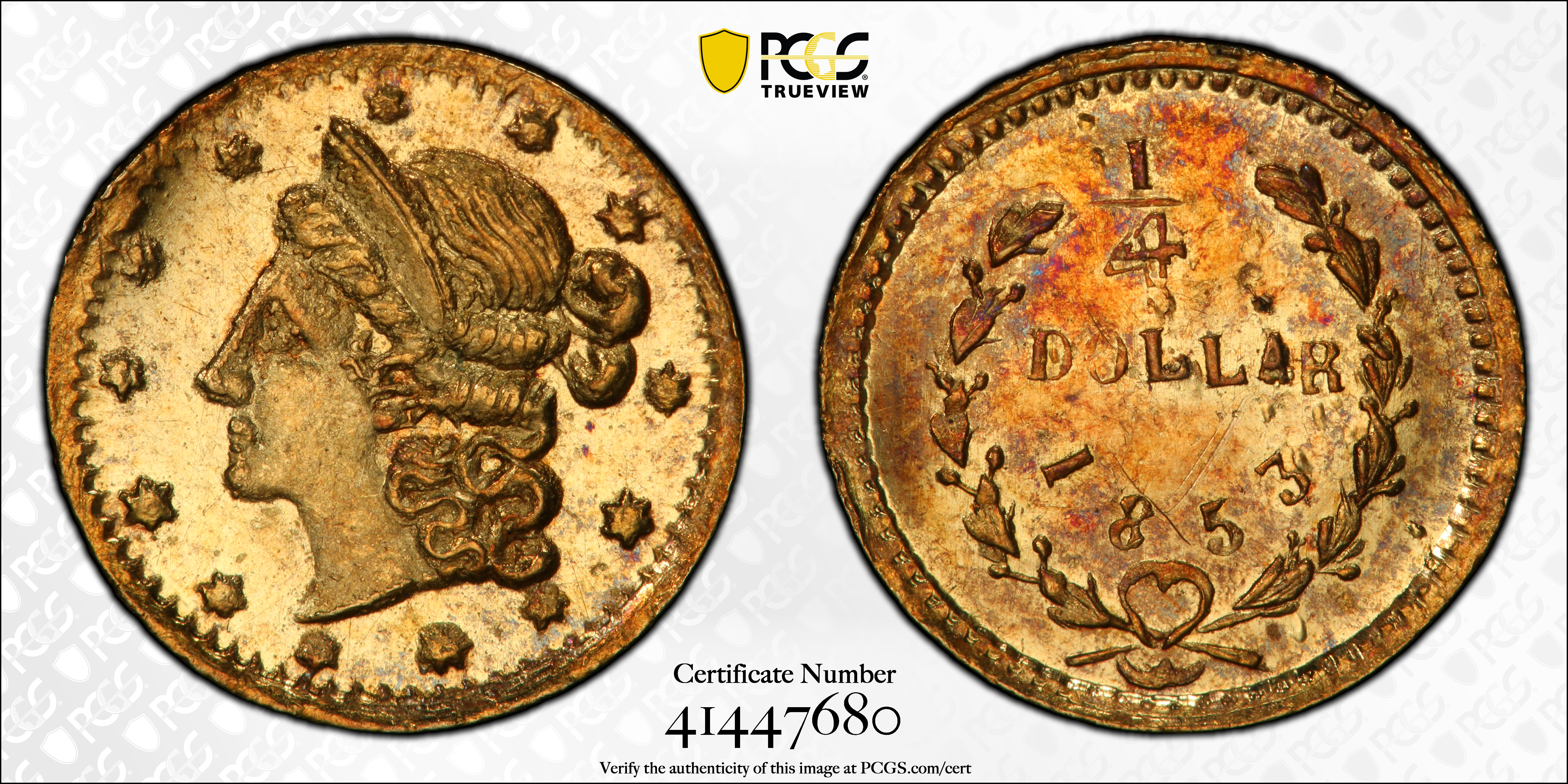 image for: 1853 Round 25 Cents. BG-214. Rarity-7-. Liberty Head. MS-64 (PCGS).