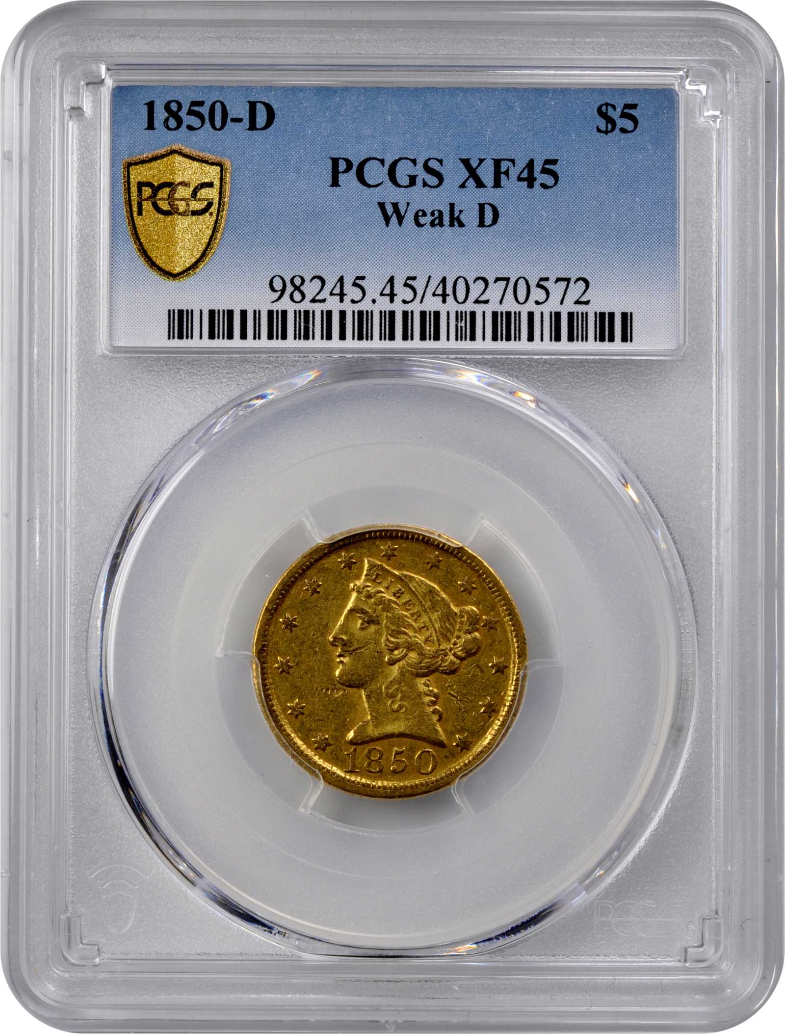 image for: 1850-D Liberty Head Half Eagle. Winter 23-O. Weak D. EF-45 (PCGS).